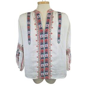Johnny Was Workshop Top Womans Extra Small White Colorful Embroidered Boho
